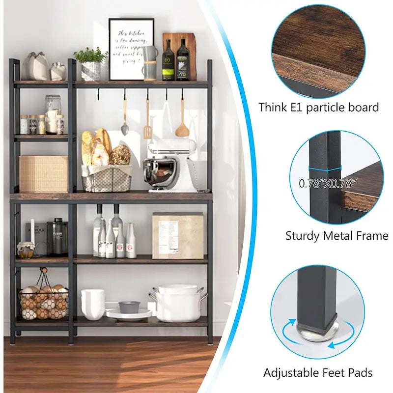 Scaffale da Panettiere a 5 Ripiani con Credenza e Supporto per Microonde da Cucina, Marrone/Nero
