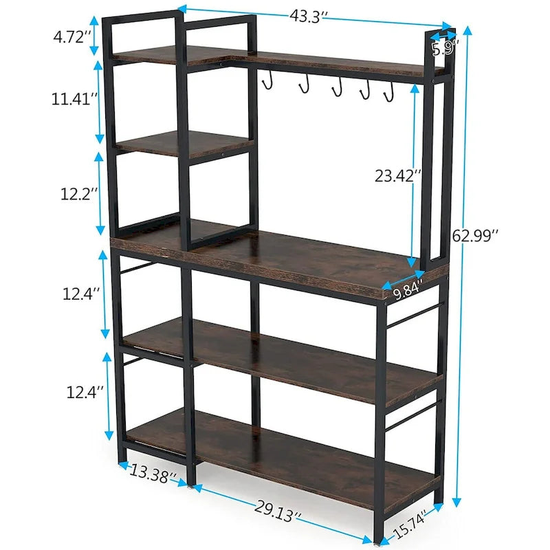 Scaffale da Panettiere a 5 Ripiani con Credenza e Supporto per Microonde da Cucina, Marrone/Nero