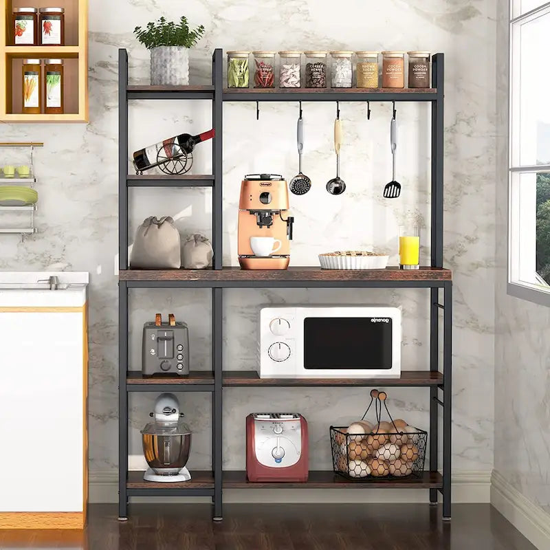 Scaffale da Panettiere a 5 Ripiani con Credenza e Supporto per Microonde da Cucina, Marrone/Nero