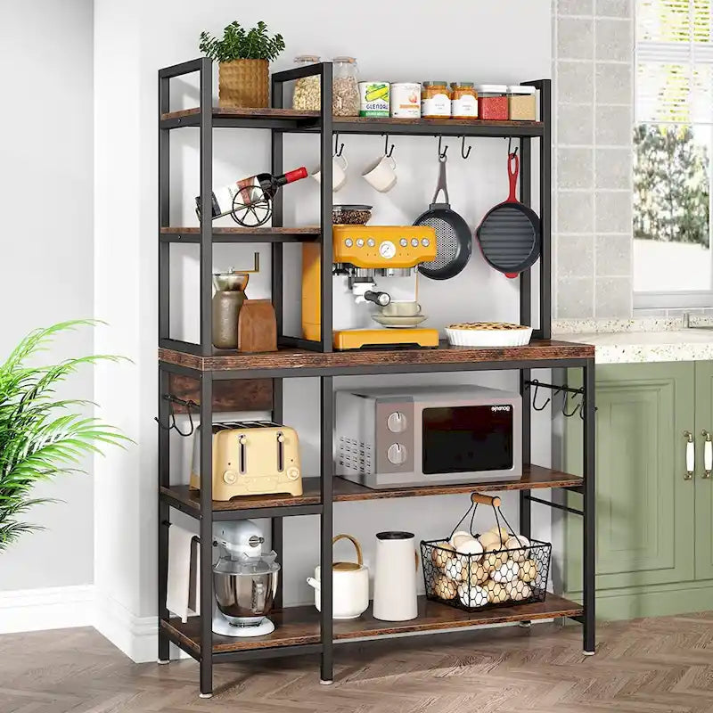 Scaffale da Panettiere a 5 Ripiani con Credenza e Supporto per Microonde da Cucina, Marrone/Nero