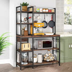 Scaffale da Panettiere a 5 Ripiani con Credenza e Supporto per Microonde da Cucina, Marrone/Nero