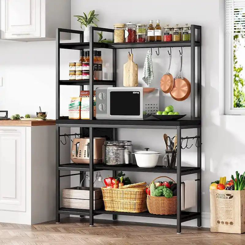 Scaffale da Panettiere a 5 Ripiani con Credenza e Supporto per Microonde da Cucina, Marrone/Nero