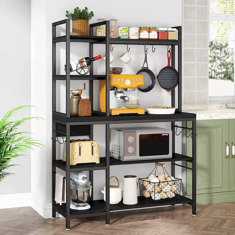 Scaffale da Panettiere a 5 Ripiani con Credenza e Supporto per Microonde da Cucina, Marrone/Nero