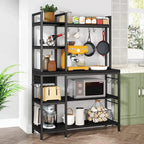 Scaffale da Panettiere a 5 Ripiani con Credenza e Supporto per Microonde da Cucina, Marrone/Nero