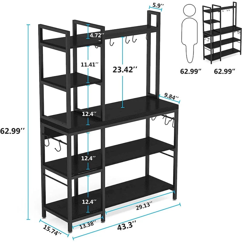 Scaffale da Panettiere a 5 Ripiani con Credenza e Supporto per Microonde da Cucina, Marrone/Nero