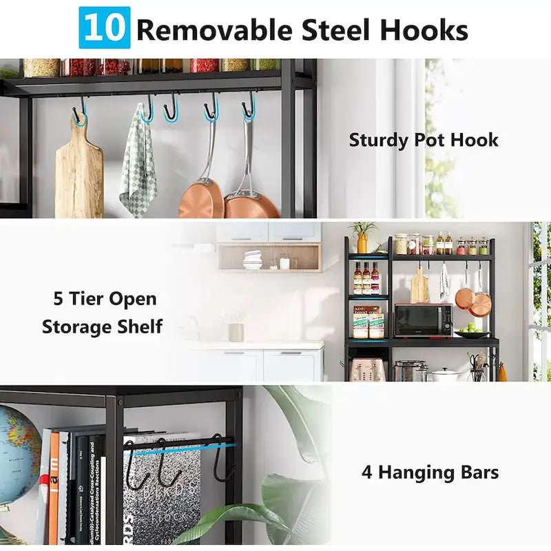 Scaffale da Panettiere a 5 Ripiani con Credenza e Supporto per Microonde da Cucina, Marrone/Nero