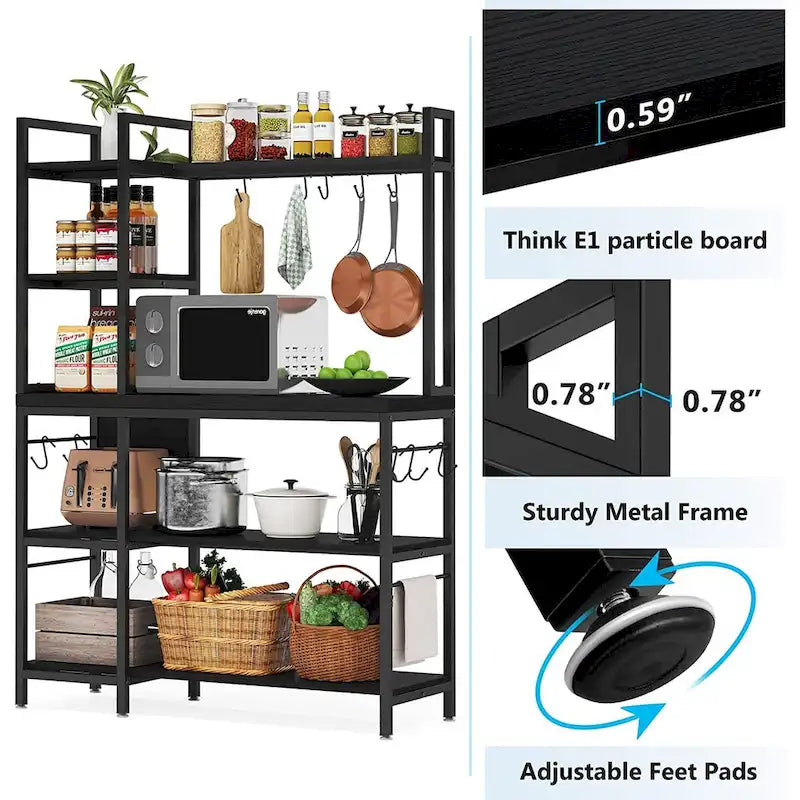Scaffale da Panettiere a 5 Ripiani con Credenza e Supporto per Microonde da Cucina, Marrone/Nero