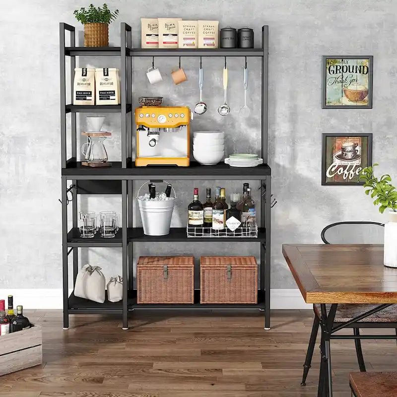 Scaffale da Panettiere a 5 Ripiani con Credenza e Supporto per Microonde da Cucina, Marrone/Nero
