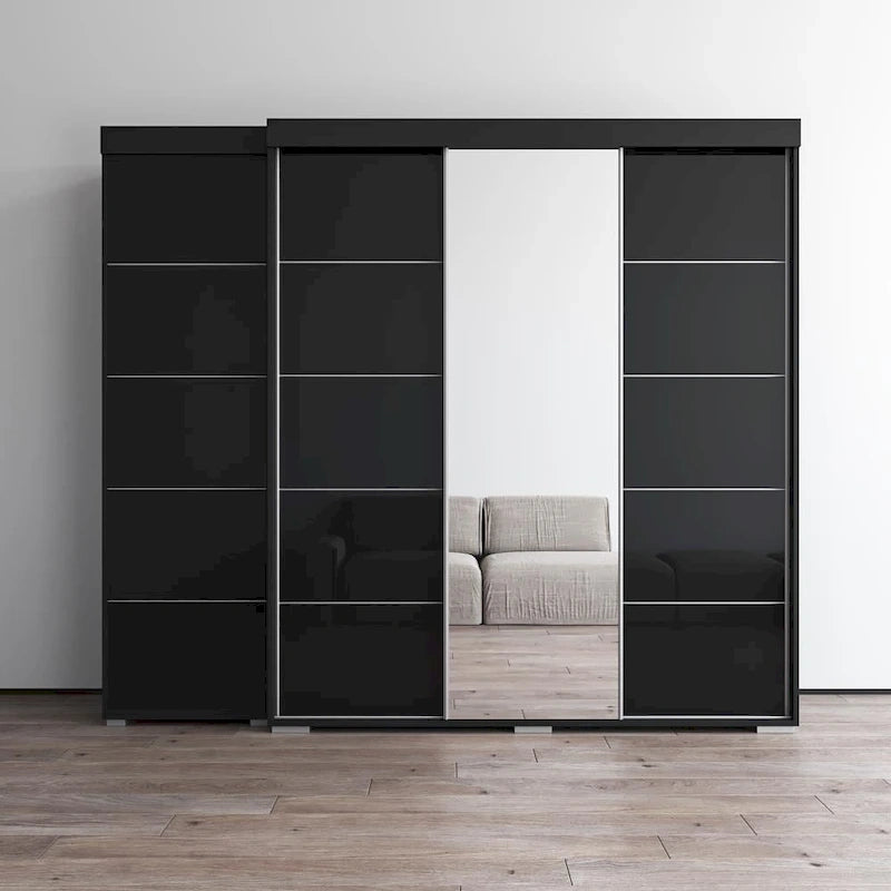 Armadio con Specchio e Ante in Vetro Nero/Grigio/Bianco – Singolo, Set da 2 Pezzi