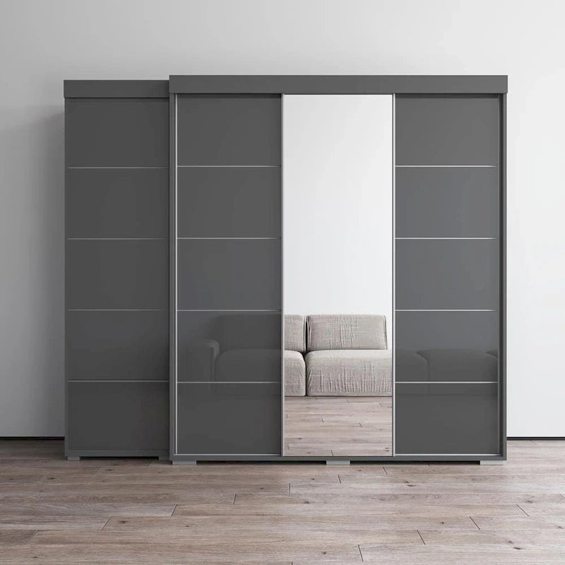 Armadio con Specchio e Ante in Vetro Nero/Grigio/Bianco – Singolo, Set da 2 Pezzi