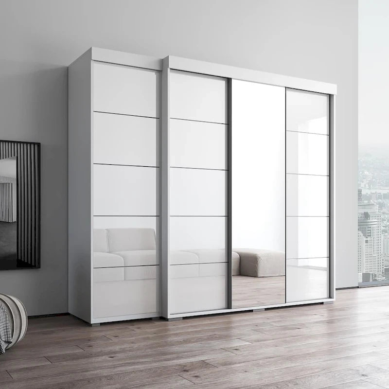 Armadio con Specchio e Ante in Vetro Nero/Grigio/Bianco – Singolo, Set da 2 Pezzi