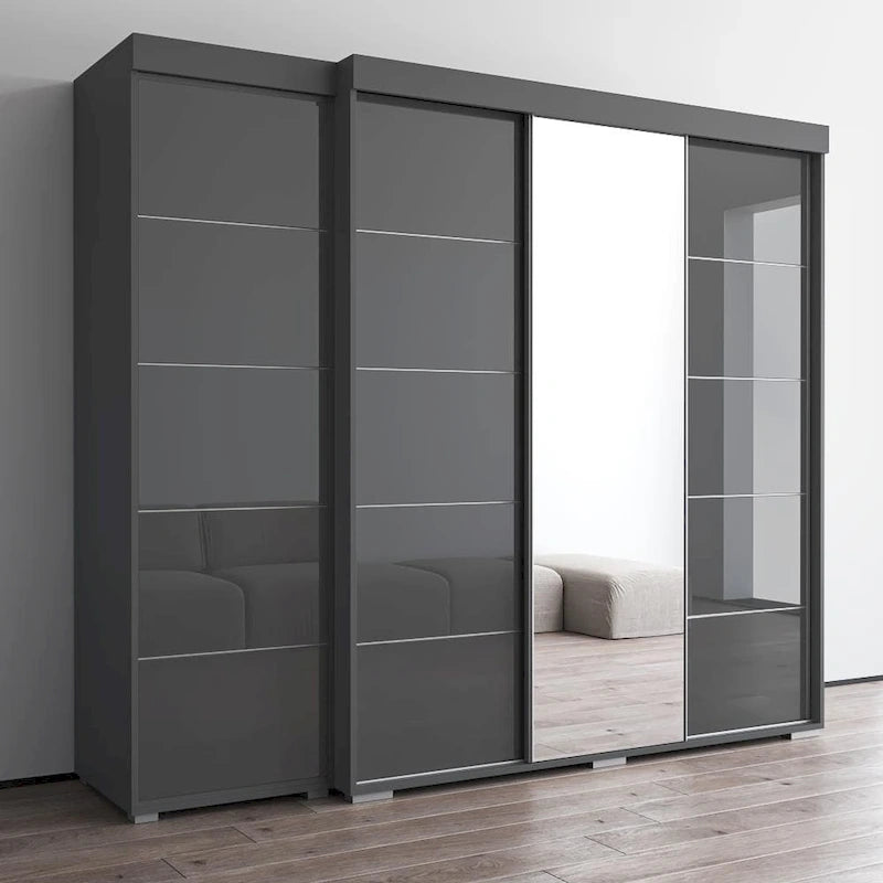 Armadio con Specchio e Ante in Vetro Nero/Grigio/Bianco – Singolo, Set da 2 Pezzi