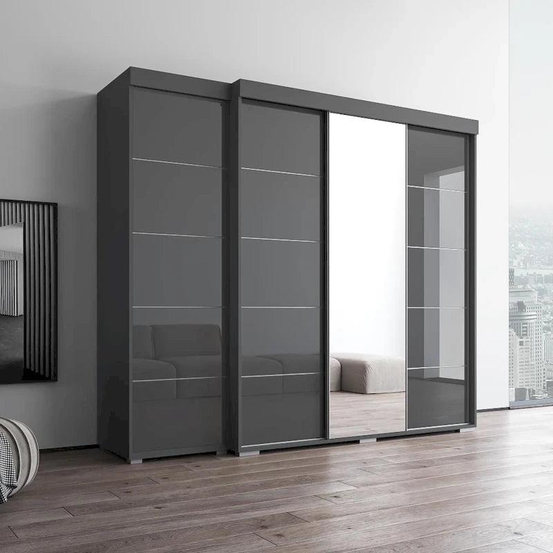 Armadio con Specchio e Ante in Vetro Nero/Grigio/Bianco – Singolo, Set da 2 Pezzi