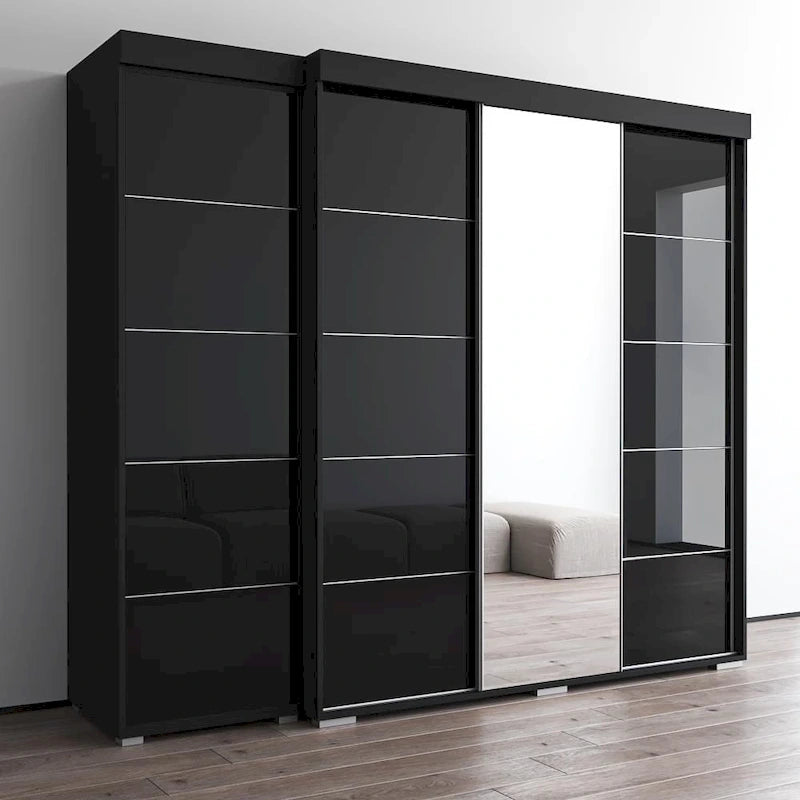 Armadio con Specchio e Ante in Vetro Nero/Grigio/Bianco – Singolo, Set da 2 Pezzi