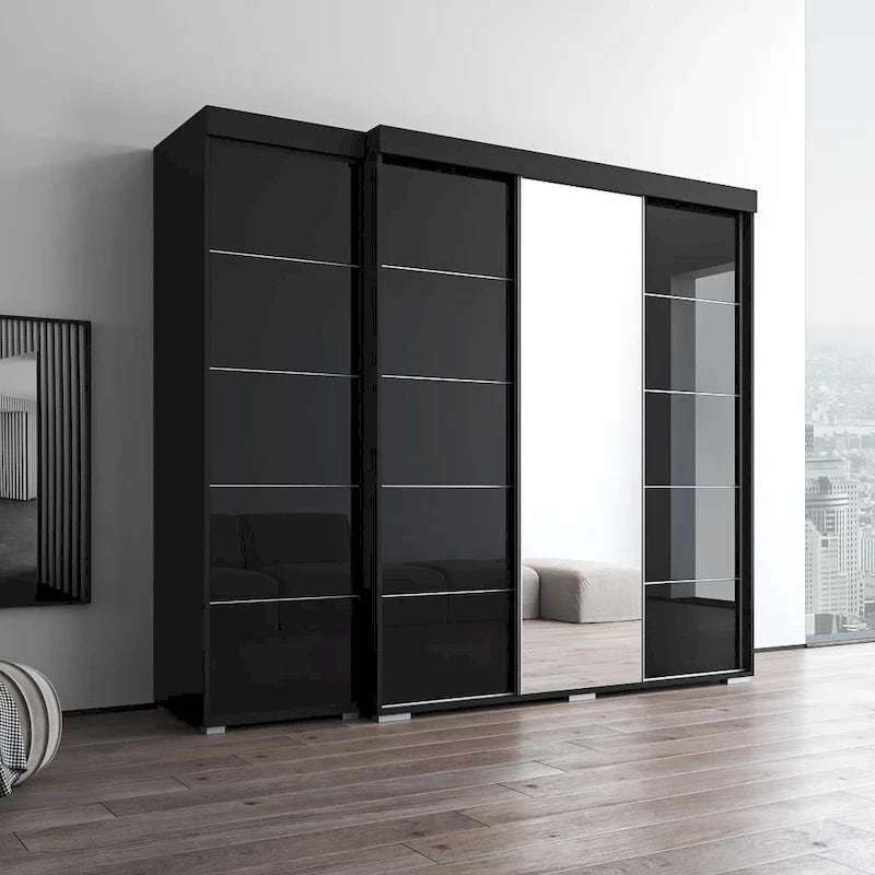 Armadio con Specchio e Ante in Vetro Nero/Grigio/Bianco – Singolo, Set da 2 Pezzi