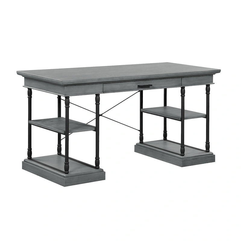 Scrivania industriale Mid-Century per 1 persona, grigia/naturale/bianco antico, 150 cm L