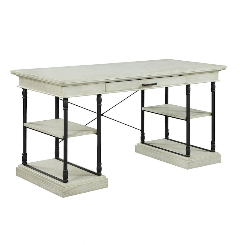 Scrivania industriale Mid-Century per 1 persona, grigia/naturale/bianco antico, 150 cm L