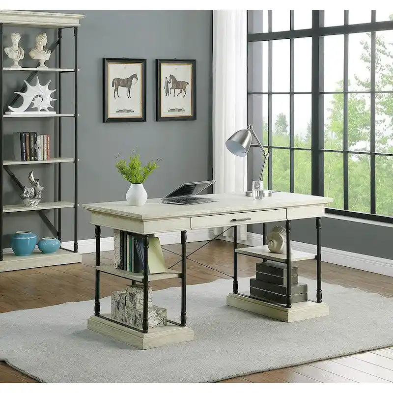 Scrivania industriale Mid-Century per 1 persona, grigia/naturale/bianco antico, 150 cm L