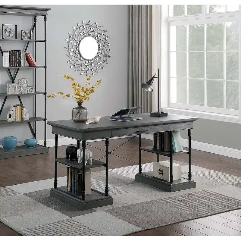 Scrivania industriale Mid-Century per 1 persona, grigia/naturale/bianco antico, 150 cm L