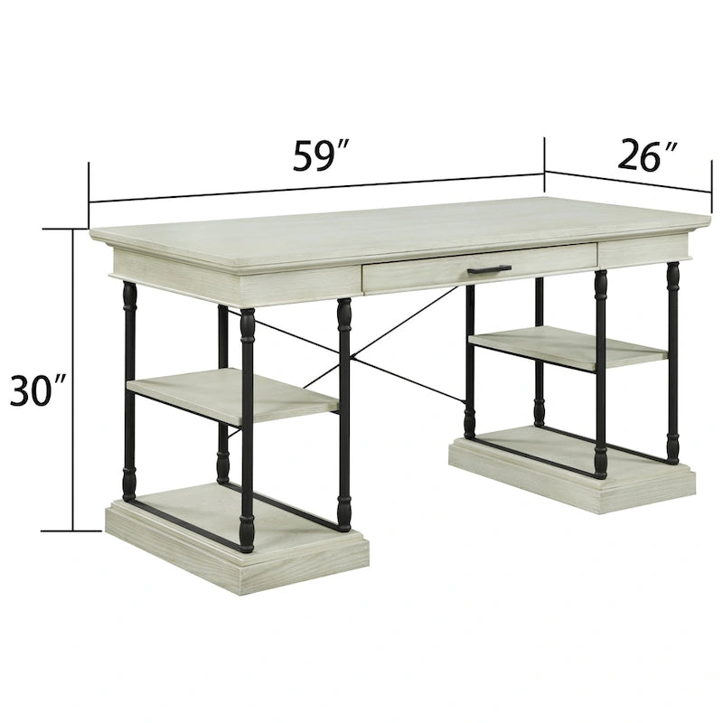 Scrivania industriale Mid-Century per 1 persona, grigia/naturale/bianco antico, 150 cm L