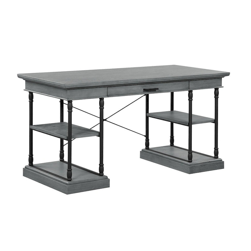 Scrivania industriale Mid-Century per 1 persona, grigia/naturale/bianco antico, 150 cm L
