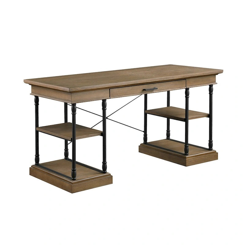 Scrivania industriale Mid-Century per 1 persona, grigia/naturale/bianco antico, 150 cm L