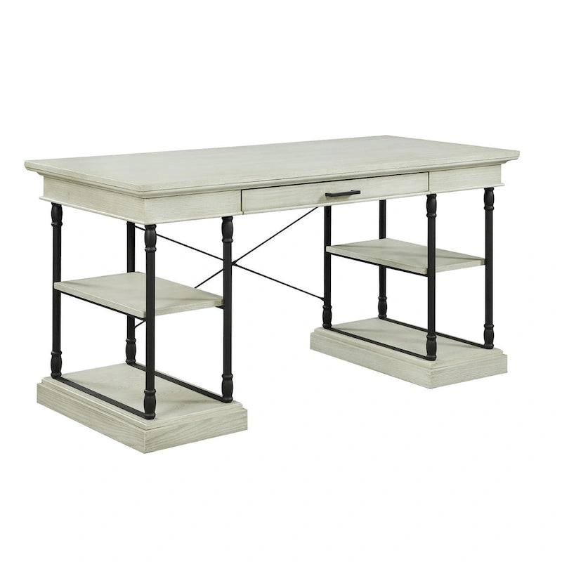 Scrivania industriale Mid-Century per 1 persona, grigia/naturale/bianco antico, 150 cm L