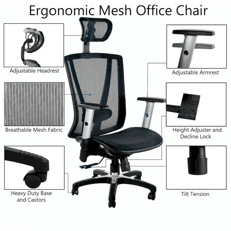 Sedia da ufficio ergonomica marrone con schienale alto in rete, braccioli regolabili e poggiatesta, 1 persona