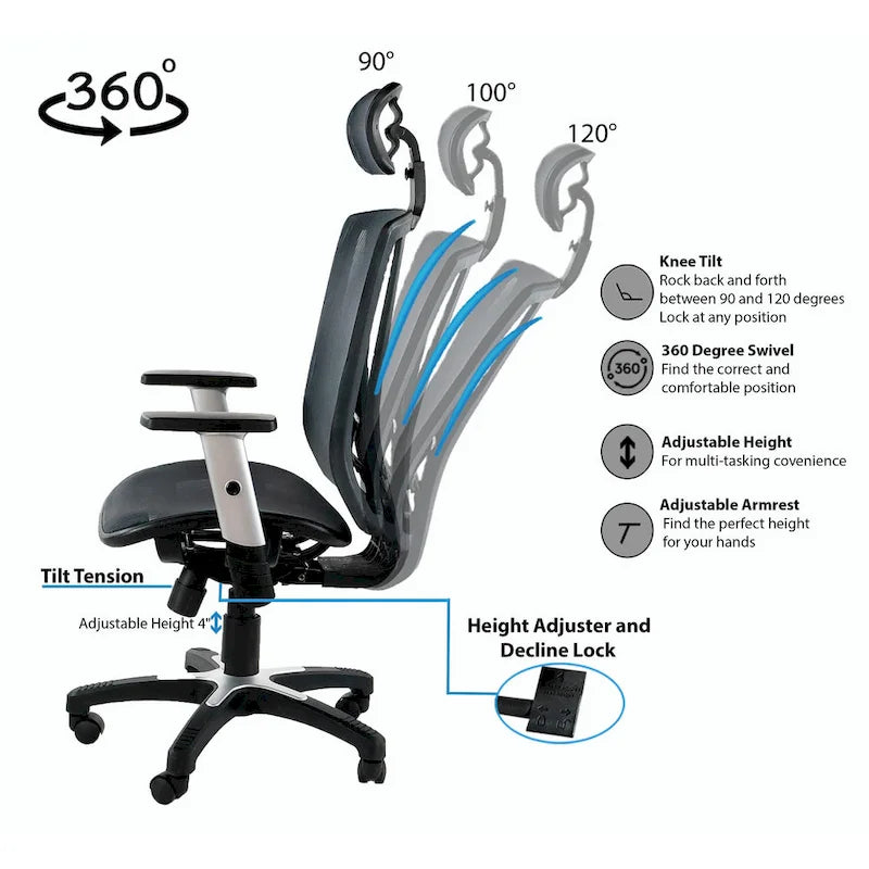 Sedia da ufficio ergonomica marrone con schienale alto in rete, braccioli regolabili e poggiatesta, 1 persona