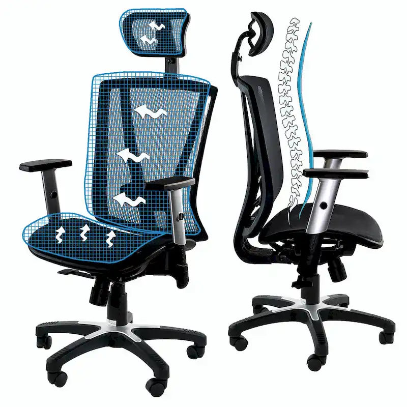 Sedia da ufficio ergonomica marrone con schienale alto in rete, braccioli regolabili e poggiatesta, 1 persona