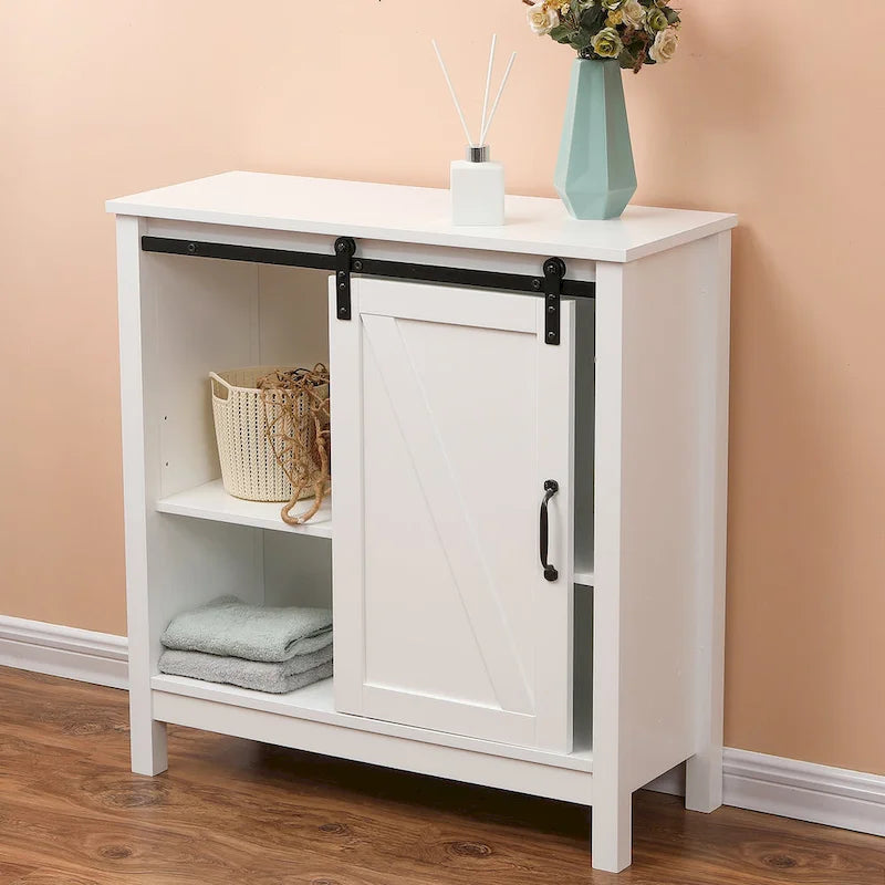 Mobiletto da bagno autoportante White Farmhouse con porta scorrevole a granaio, montaggio da 1 persona