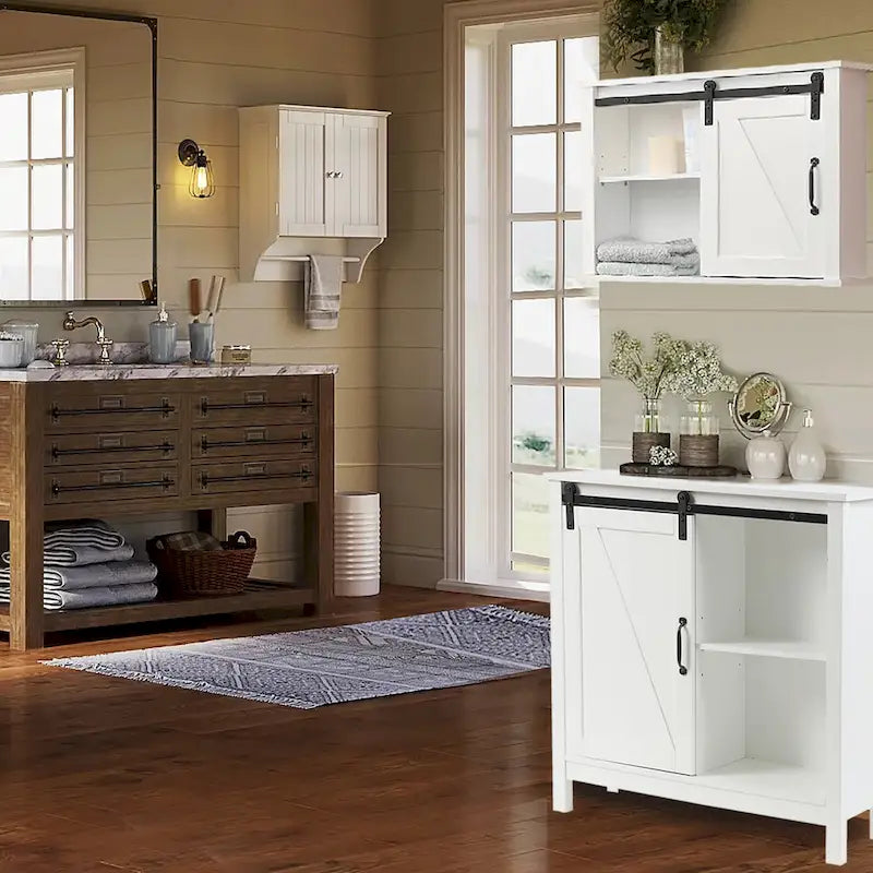 Mobiletto da bagno autoportante White Farmhouse con porta scorrevole a granaio, montaggio da 1 persona