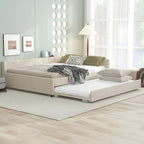 Letto a piattaforma beige in lino matrimoniale con porte USB e letto estraibile singolo, 2 posti letto