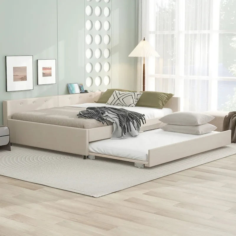 Letto a piattaforma beige in lino matrimoniale con porte USB e letto estraibile singolo, 2 posti letto