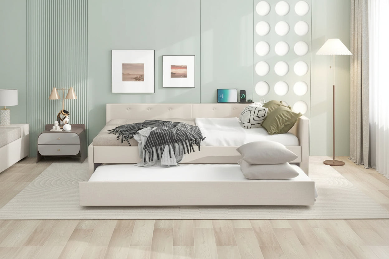 Letto a piattaforma beige in lino matrimoniale con porte USB e letto estraibile singolo, 2 posti letto