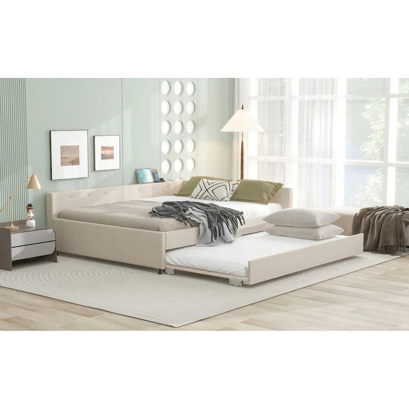 Letto a piattaforma beige in lino matrimoniale con porte USB e letto estraibile singolo, 2 posti letto
