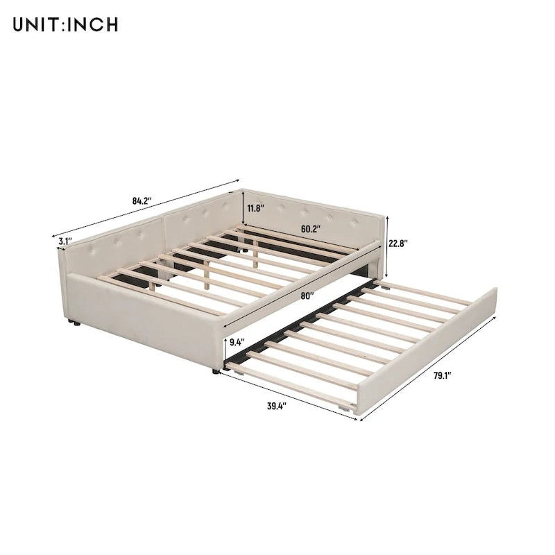 Letto a piattaforma beige in lino matrimoniale con porte USB e letto estraibile singolo, 2 posti letto