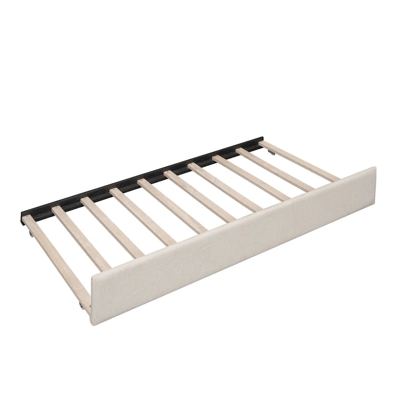 Letto a piattaforma beige in lino matrimoniale con porte USB e letto estraibile singolo, 2 posti letto