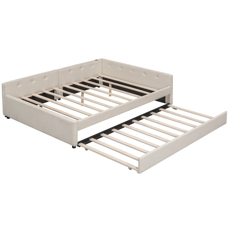 Letto a piattaforma beige in lino matrimoniale con porte USB e letto estraibile singolo, 2 posti letto