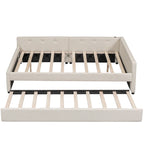 Letto a piattaforma beige in lino matrimoniale con porte USB e letto estraibile singolo, 2 posti letto
