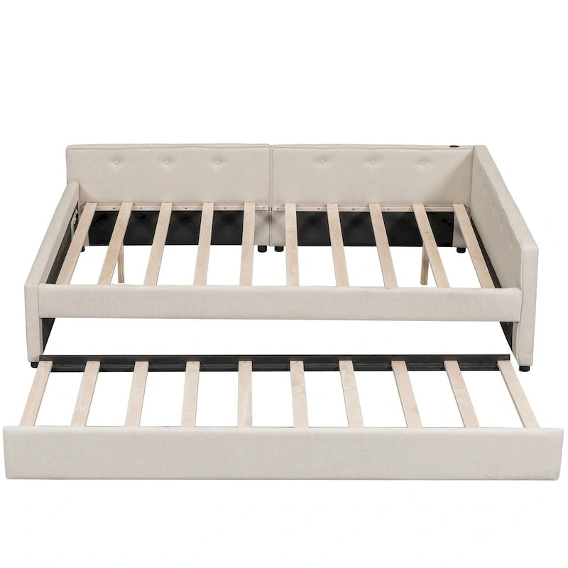 Letto a piattaforma beige in lino matrimoniale con porte USB e letto estraibile singolo, 2 posti letto