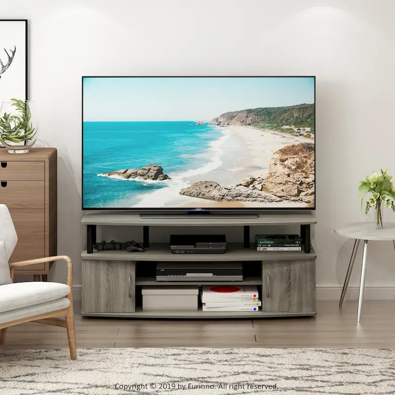 Mobile TV grande in Rovere Francese Grigio con ripiani aperti e ante, adatto a TV fino a 55"