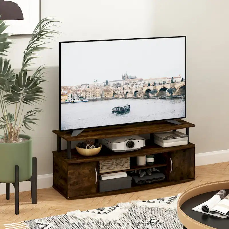 Mobile TV grande in Rovere Francese Grigio con ripiani aperti e ante, adatto a TV fino a 55"