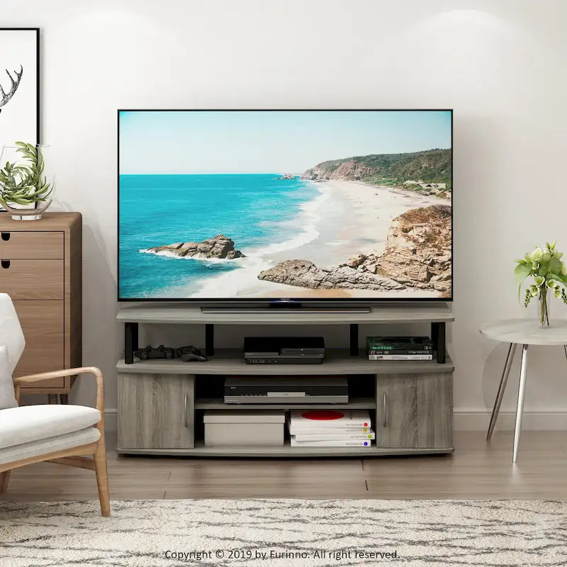 Mobile TV grande in Rovere Francese Grigio con ripiani aperti e ante, adatto a TV fino a 55"