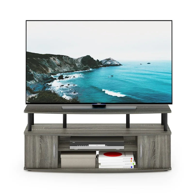 Mobile TV grande in Rovere Francese Grigio con ripiani aperti e ante, adatto a TV fino a 55"