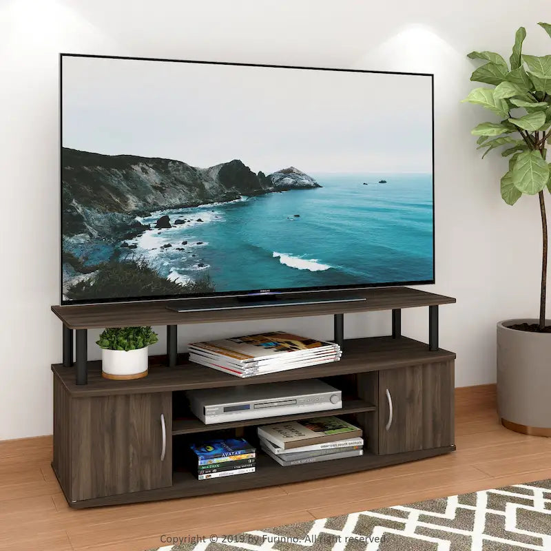 Mobile TV grande in Rovere Francese Grigio con ripiani aperti e ante, adatto a TV fino a 55"