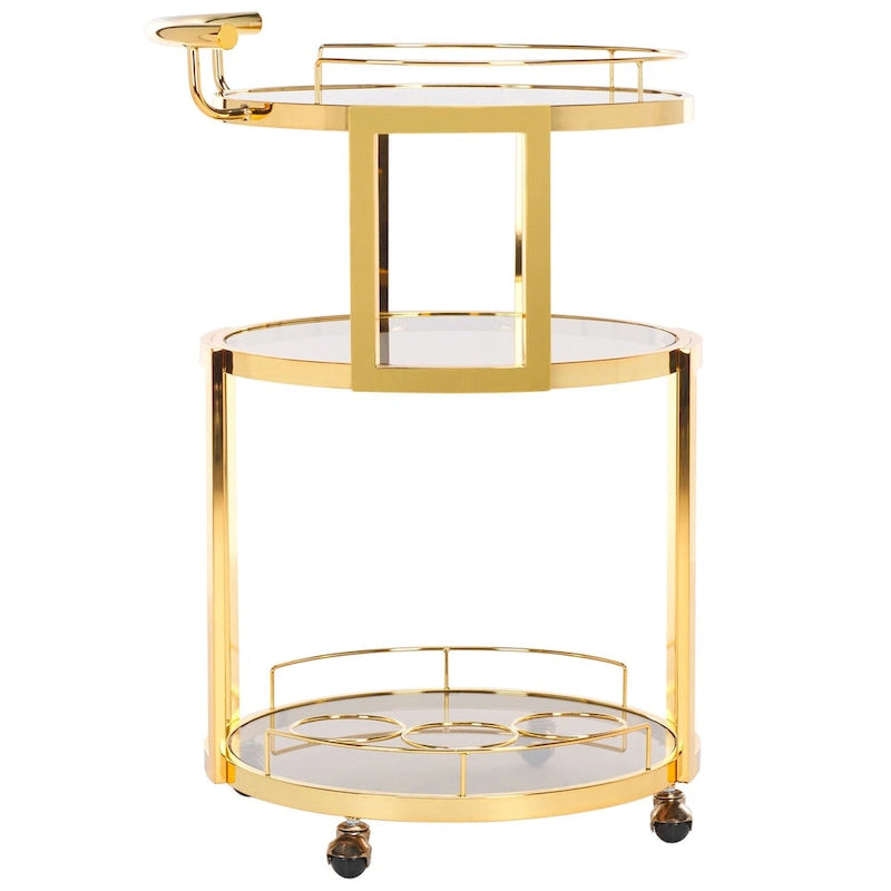 Carrello da bar rotondo a 3 livelli in oro/canna di fucile con portabottiglie, 1 persona