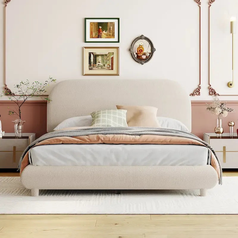 Letto imbottito con piattaforma a dimensione piena, beige/grigio, testiera curva, per 1-2 persone