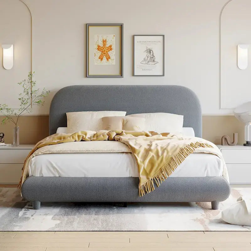 Letto imbottito con piattaforma a dimensione piena, beige/grigio, testiera curva, per 1-2 persone