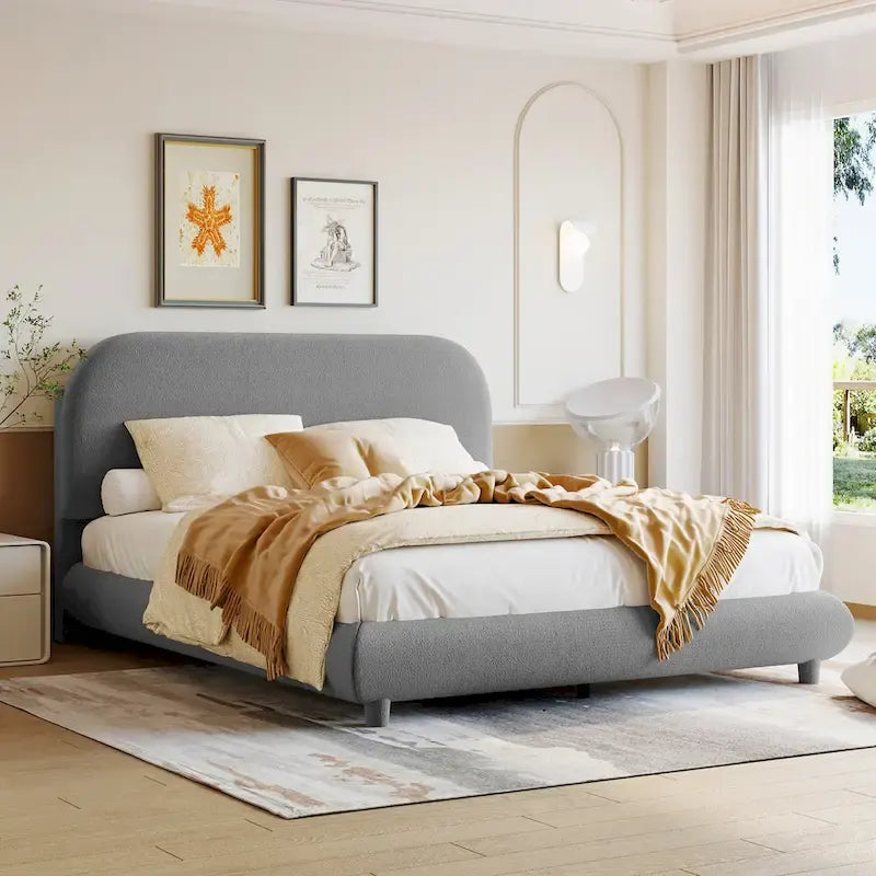 Letto imbottito con piattaforma a dimensione piena, beige/grigio, testiera curva, per 1-2 persone